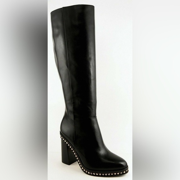 NEW COACH JUSTINA DESIGNER Black Real Leather Gold Studs RUNWAY TALL BOOTS  8 - Picture 1 of 9